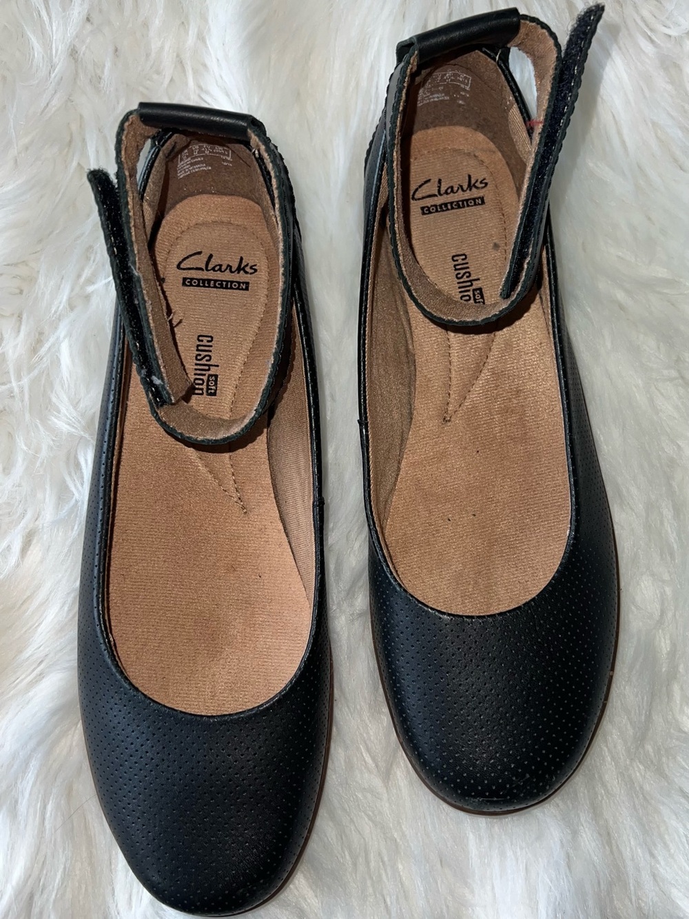 Clarks Black Perforated Mary Jane Flats with Ankle Strap